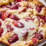 Keto Strawberry Cream Cheese Cobbler topped with fresh strawberries and cream cheese