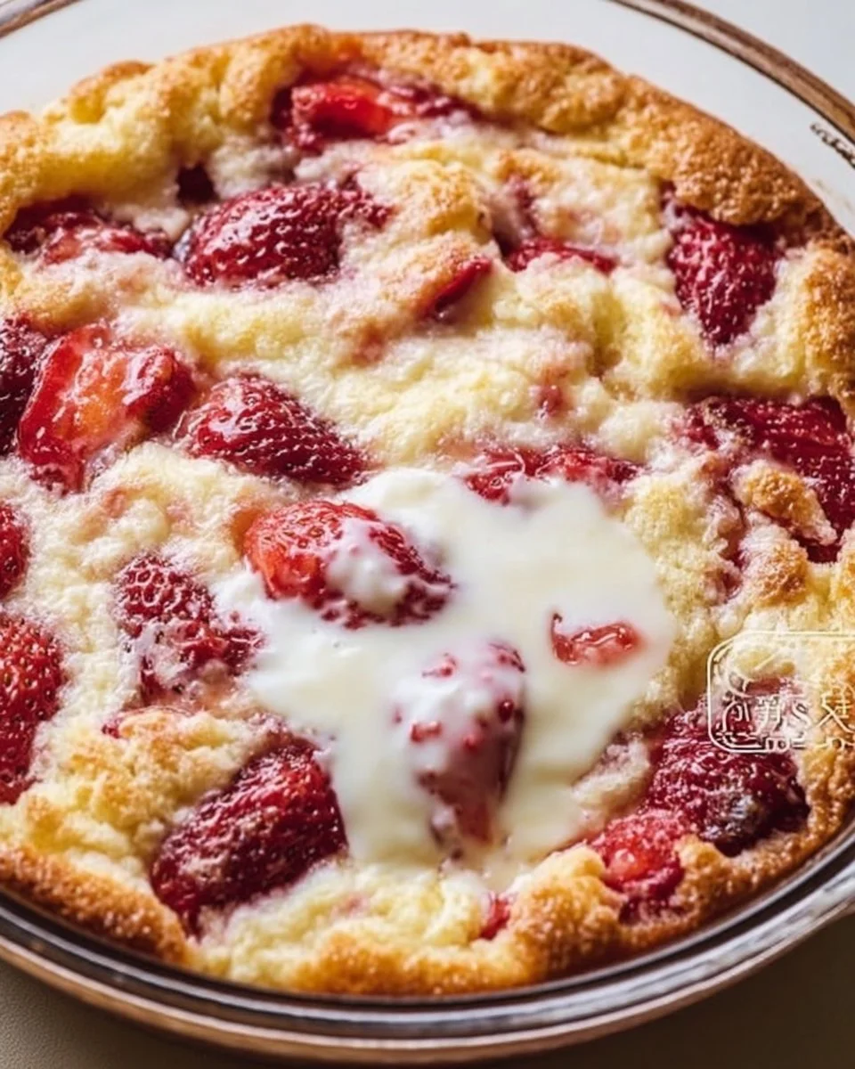 Keto Strawberry Cream Cheese Cobbler topped with fresh strawberries and cream cheese