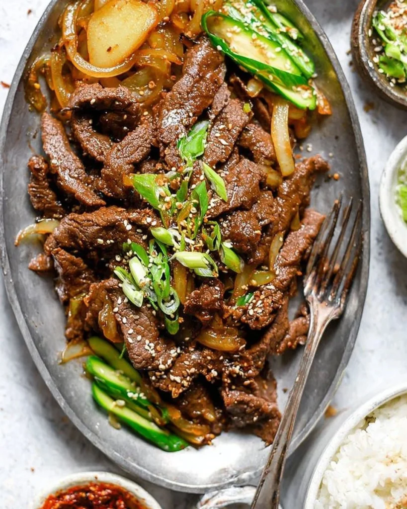 Delicious Korean beef bulgogi served with vegetables and rice