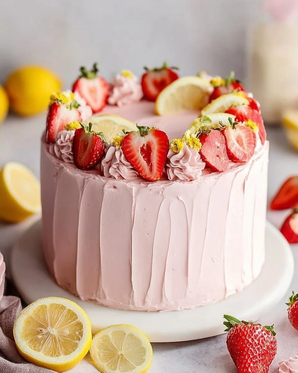 Slice of lemon strawberry cake with fresh strawberries on top