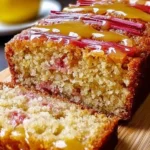 Sliced Lemon Rhubarb Loaf with bright yellow and pink colors, showcasing a delectable dessert.