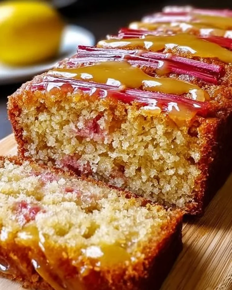 Sliced Lemon Rhubarb Loaf with bright yellow and pink colors, showcasing a delectable dessert.