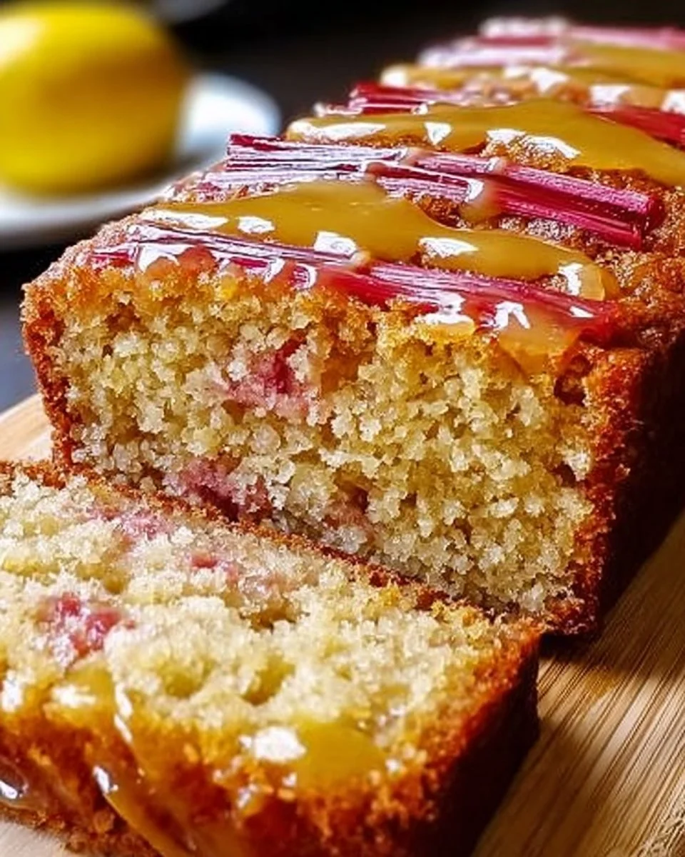 Sliced Lemon Rhubarb Loaf with bright yellow and pink colors, showcasing a delectable dessert.