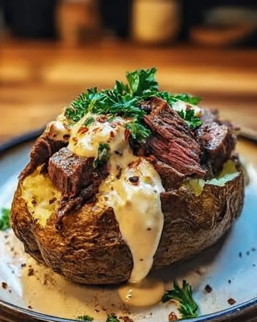 Loaded Steak Potato topped with steak, cheese, and toppings
