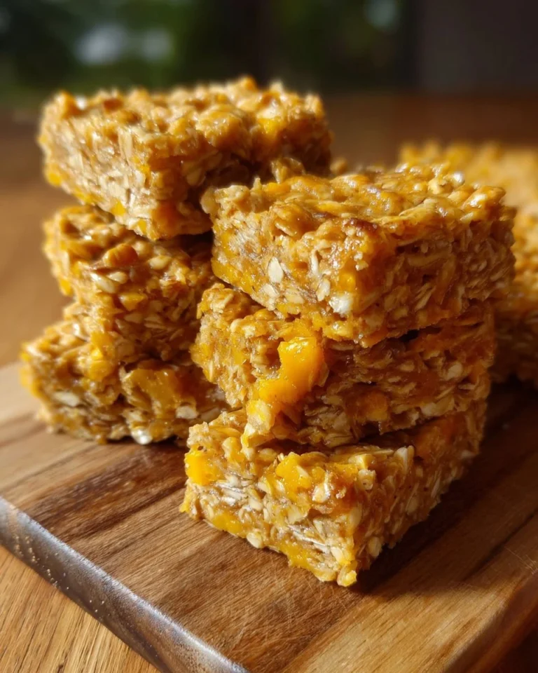Delicious homemade mango flapjacks on a wooden plate