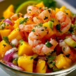 Plate of Mango Shrimp Ceviche garnished with lime and cilantro