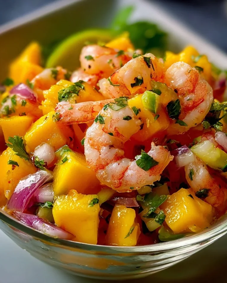 Plate of Mango Shrimp Ceviche garnished with lime and cilantro