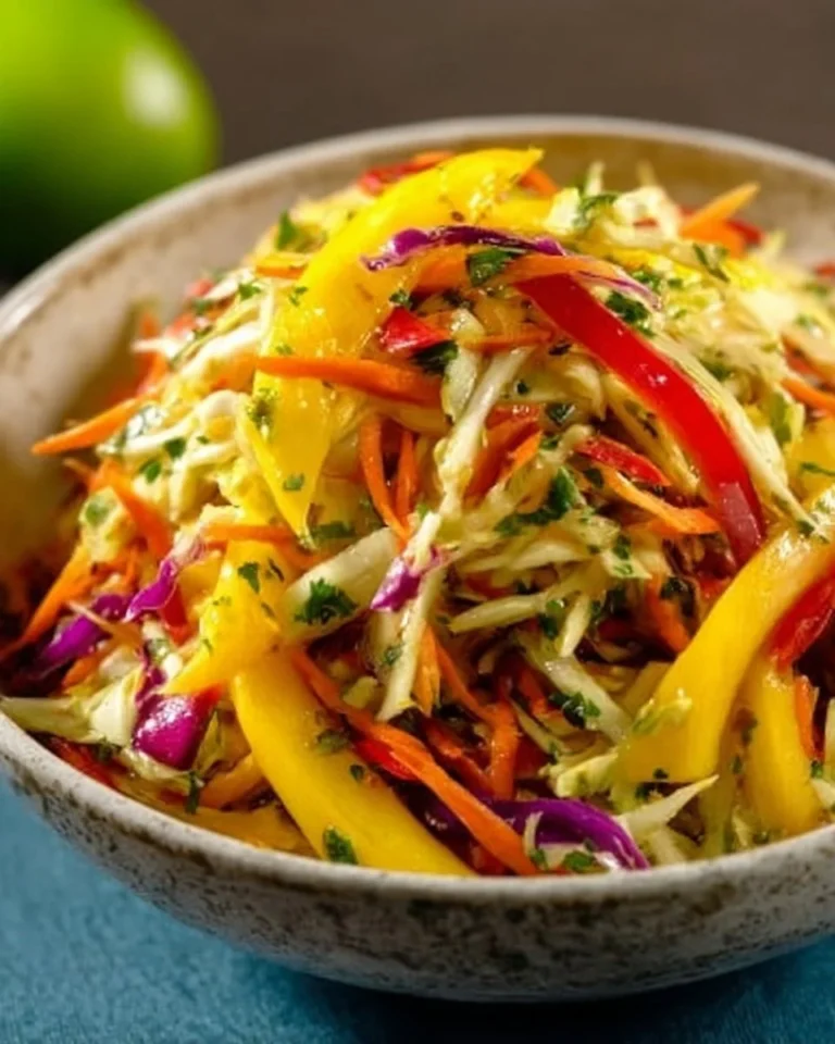 Colorful Mango Slaw salad with fresh ingredients and vibrant hues