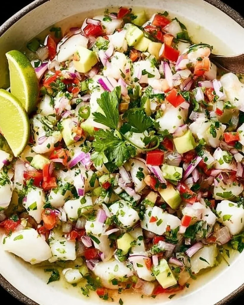 A vibrant plate of Mexican Ceviche with fresh seafood and vegetables