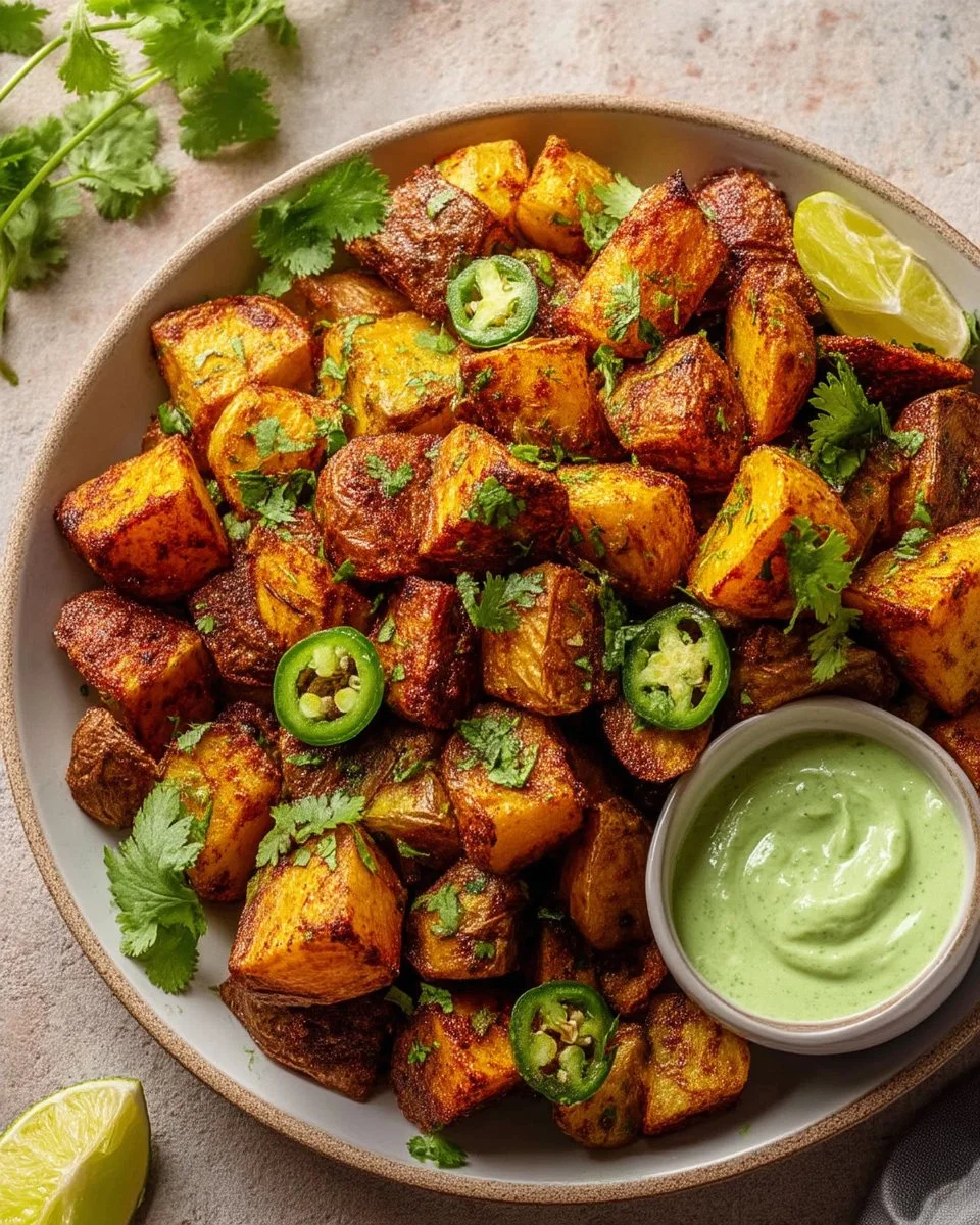 Air fryer Mexican potatoes with spices and herbs, ready to serve.