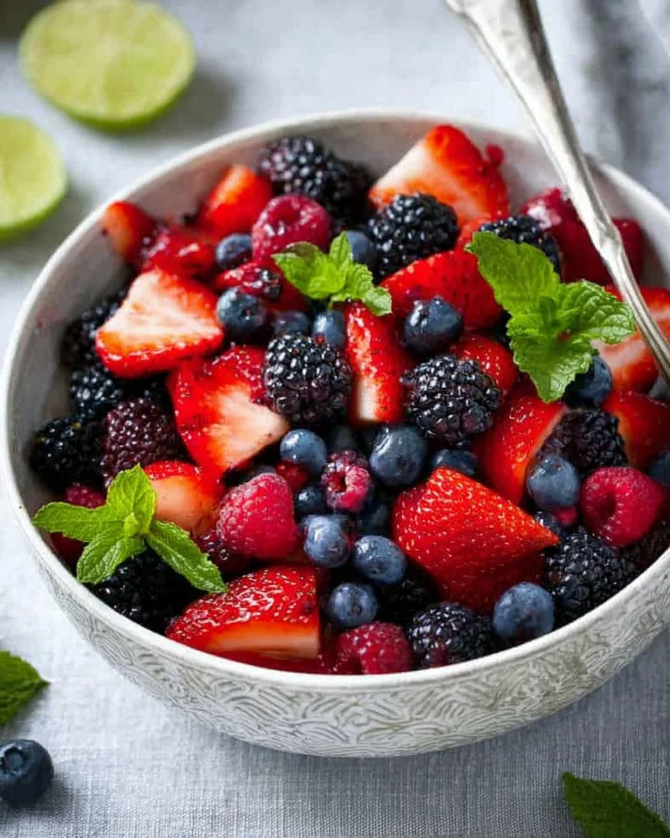Colorful mixed berry fruit salad with strawberries, blueberries, and raspberries