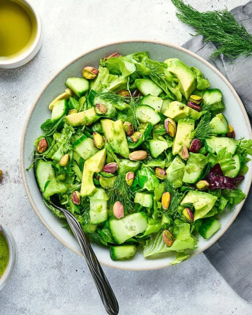 Colorful mixed green salad with fresh vegetables and dressing