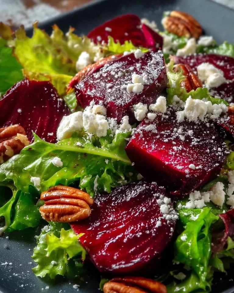 Mixed green salad topped with roasted beets and fresh herbs