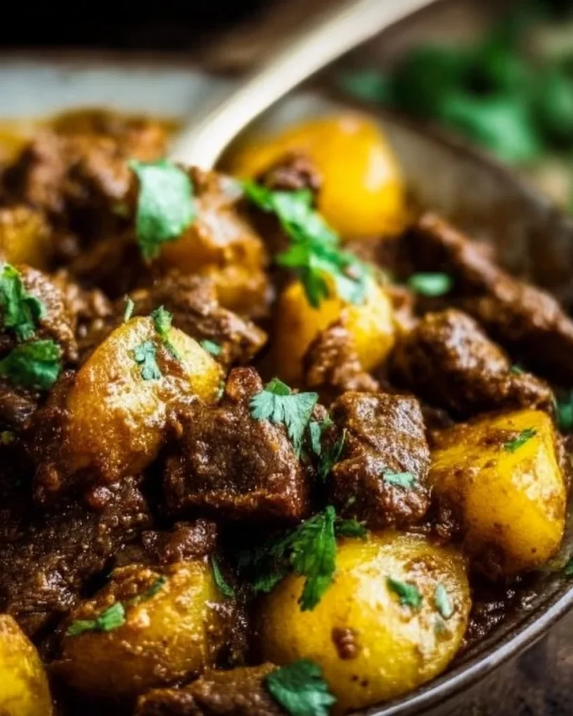 Moroccan beef tagine with potatoes garnished with fresh herbs