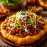 Delicious Navajo taco served on fry bread with toppings.