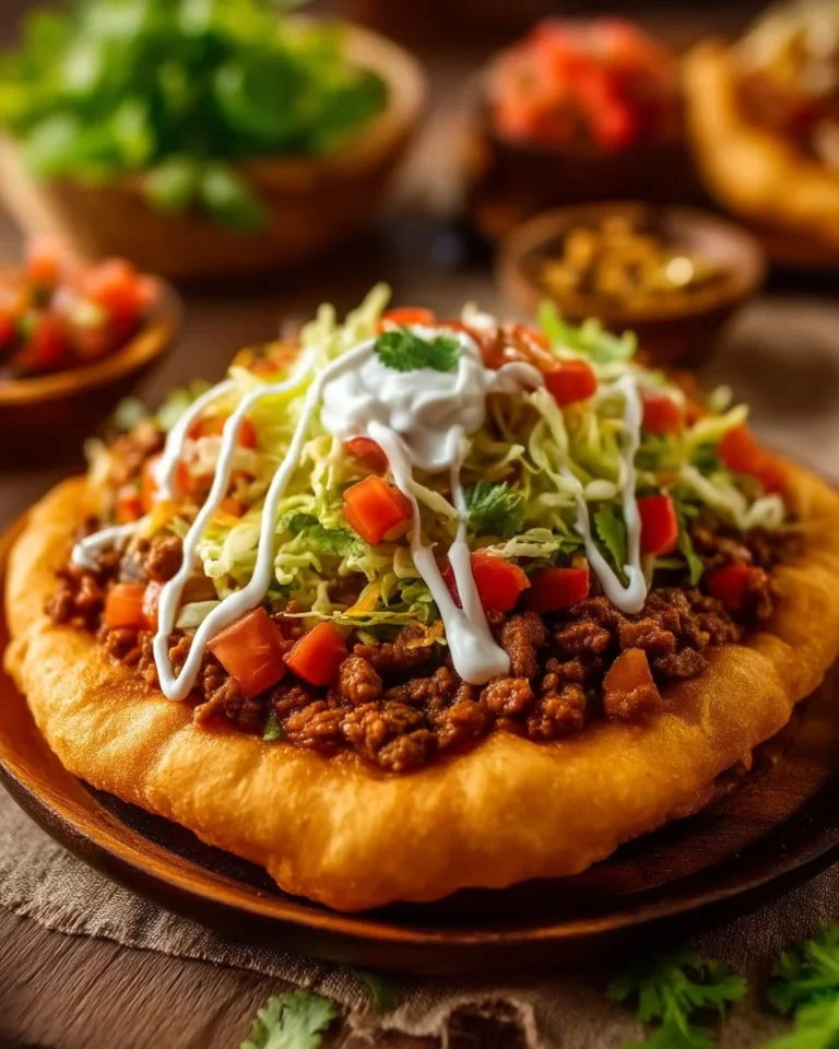 Delicious Navajo taco served on fry bread with toppings.