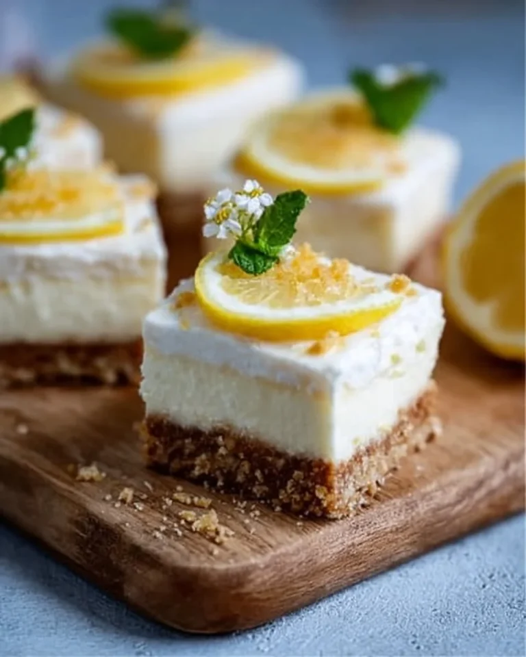 No bake lemon cheesecake bars topped with lemon zest on a white plate.