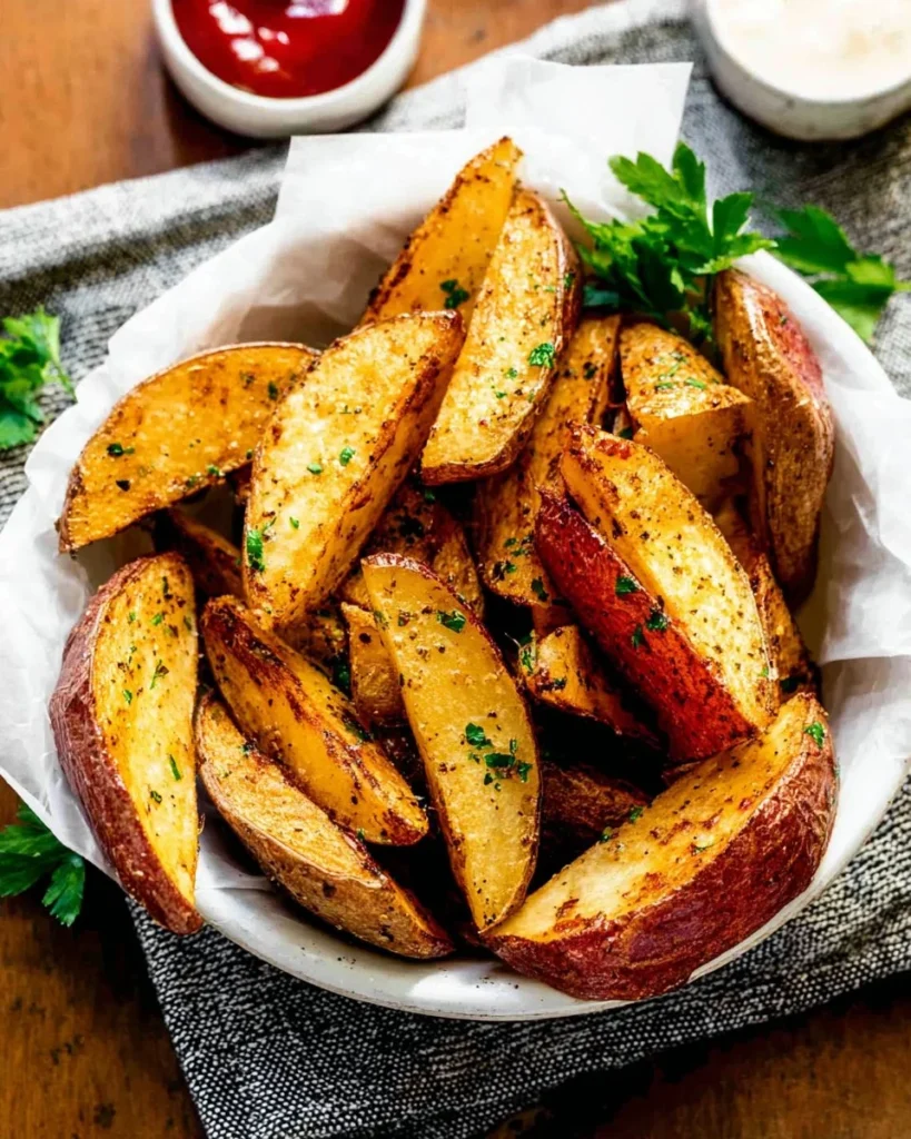 Oven roasted red potato wedges, golden brown and crispy served in a bowl.