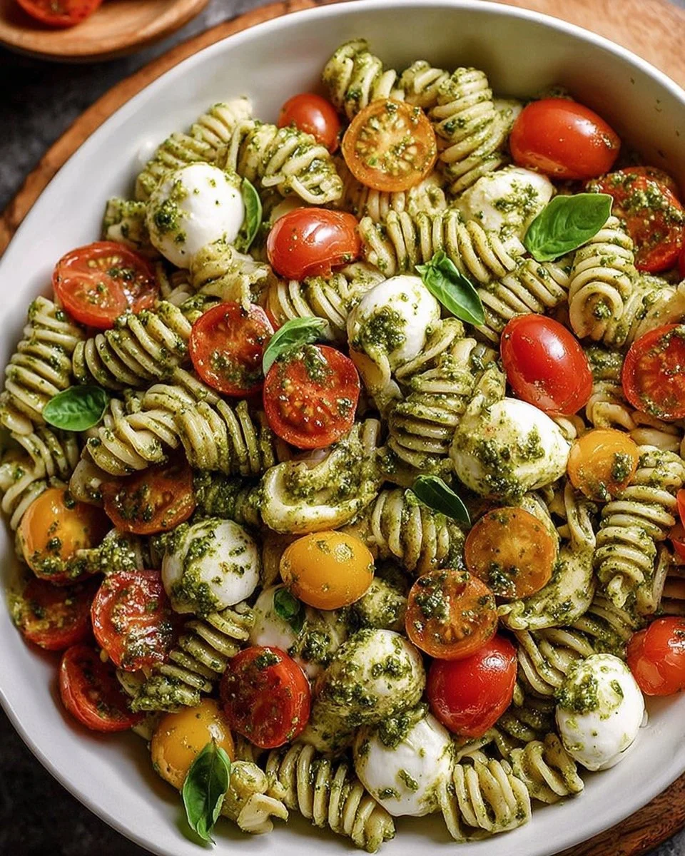 Pasta Salad with Pesto and Mozzarella served in a bowl