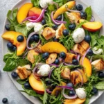 Peach salad with chicken, arugula, and burrata served in a bowl