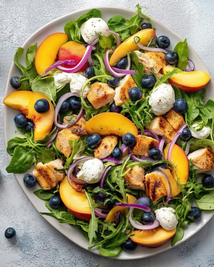 Peach salad with chicken, arugula, and burrata served in a bowl