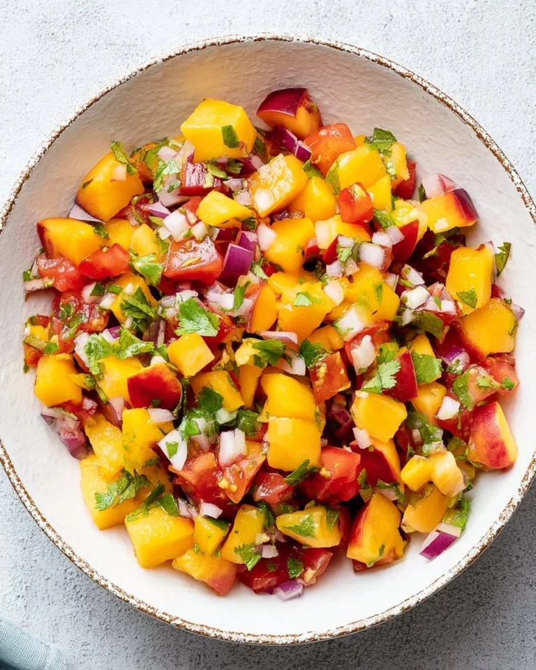 Bowl of fresh peach salsa with colorful ingredients displayed