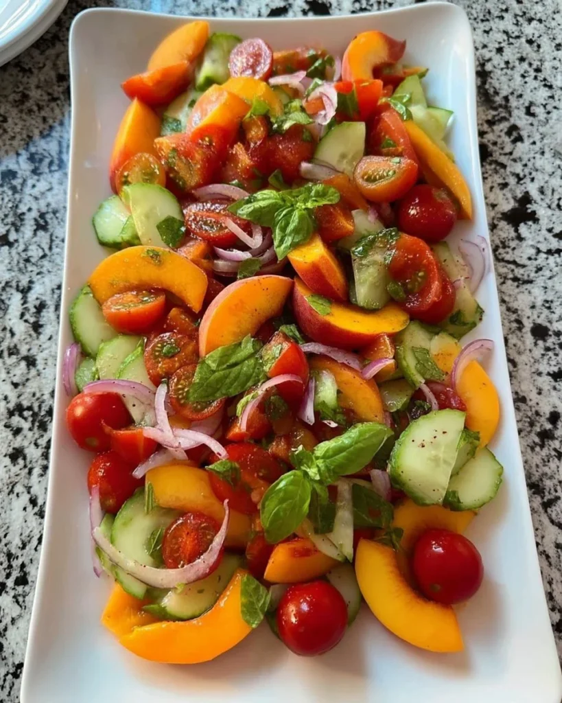 Colorful Peach Tomato Cucumber Salad with fresh herbs and dressing