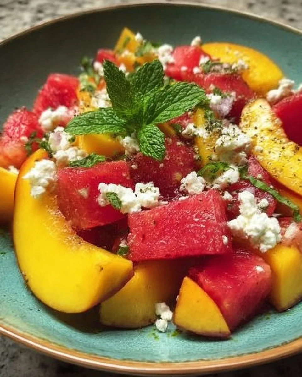 Colorful Peach Watermelon Salad with fresh peaches and watermelon pieces