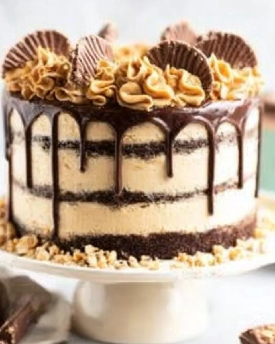 Peanut Butter Chocolate Layer Cake with layers of rich chocolate and creamy peanut butter.