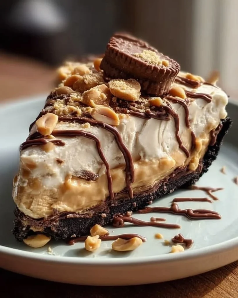 Peanut Butter Fudge Ice Cream Pie served on a white plate with a chocolate drizzle.