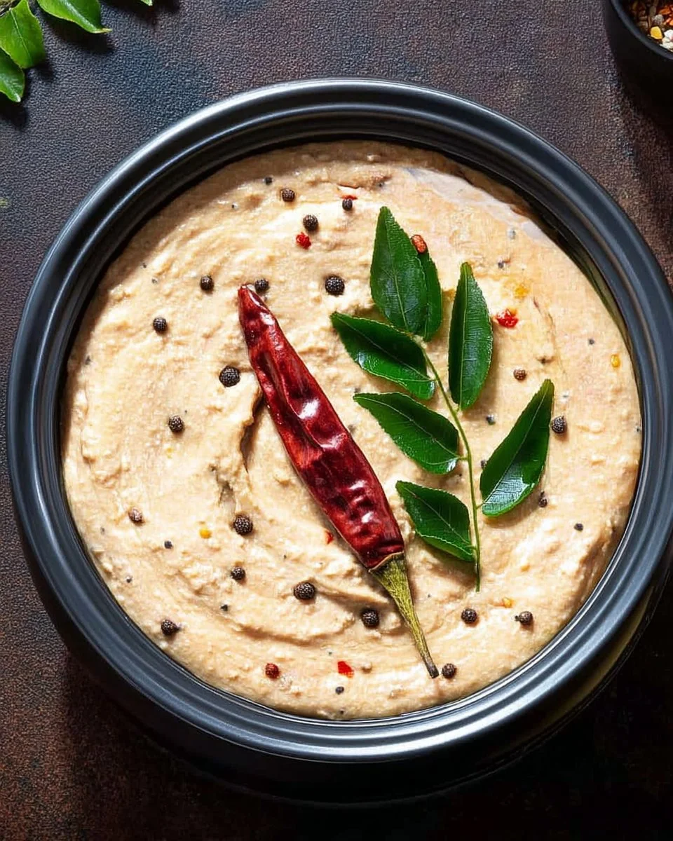 A bowl of homemade Peanut Chutney garnished with fresh herbs
