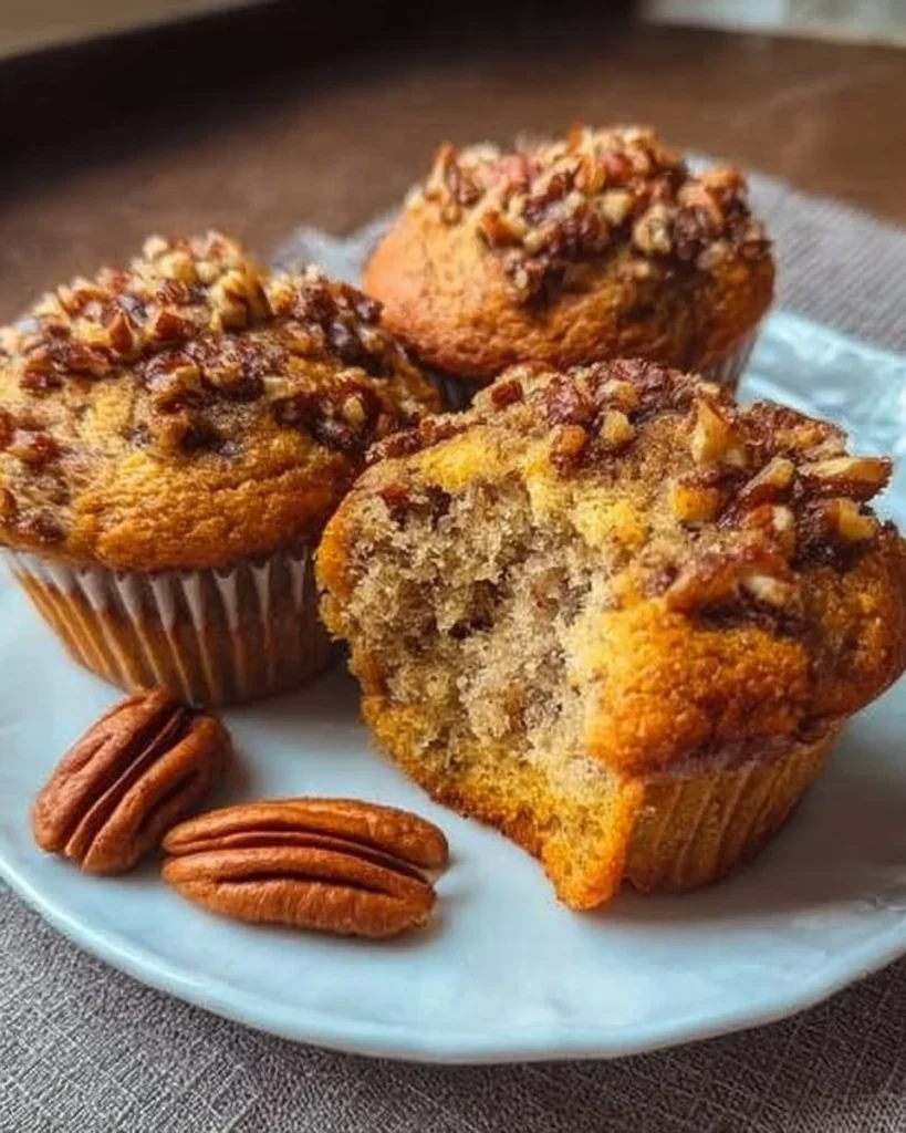 Freshly baked pecan muffins topped with crunchy nuts and spices.