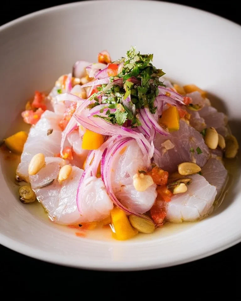 Delicious Peruvian Ceviche served with fresh ingredients and vibrant presentation.