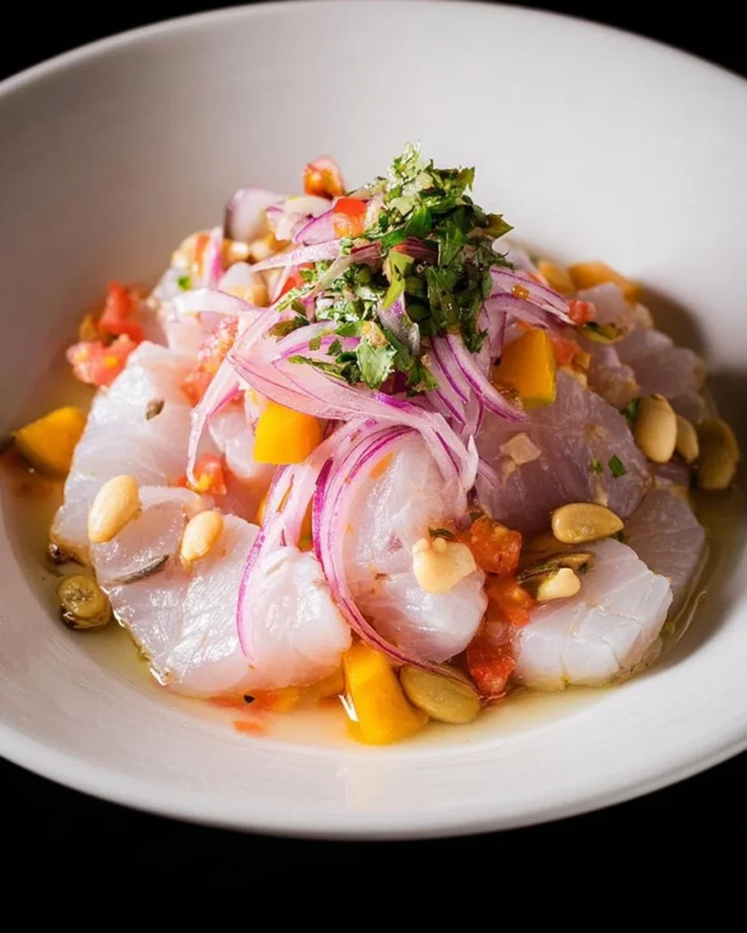 Delicious Peruvian Ceviche served with fresh ingredients and vibrant presentation.