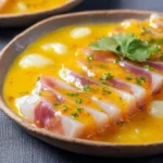 Plate of Peruvian Tiradito topped with yellow chili and lime