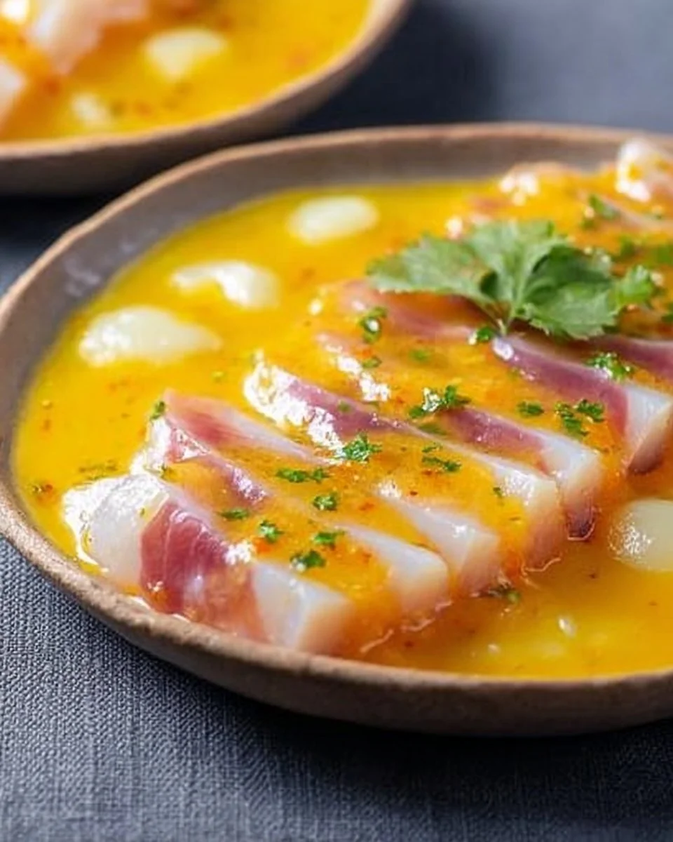 Plate of Peruvian Tiradito topped with yellow chili and lime