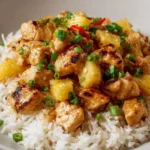 Delicious Pineapple Chicken served with rice on a plate