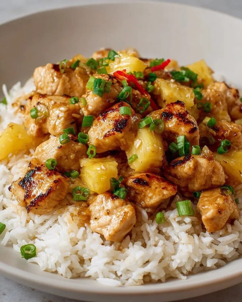 Delicious Pineapple Chicken served with rice on a plate