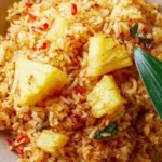 A vibrant bowl of Pineapple Rice garnished with fresh herbs and diced pineapples.