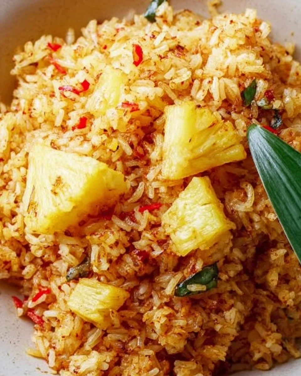 A vibrant bowl of Pineapple Rice garnished with fresh herbs and diced pineapples.