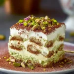 Delicious Pistachio Tiramisu dessert served in a glass dish.