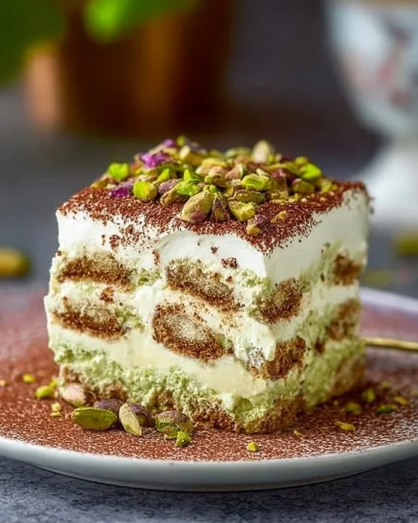 Delicious Pistachio Tiramisu dessert served in a glass dish.