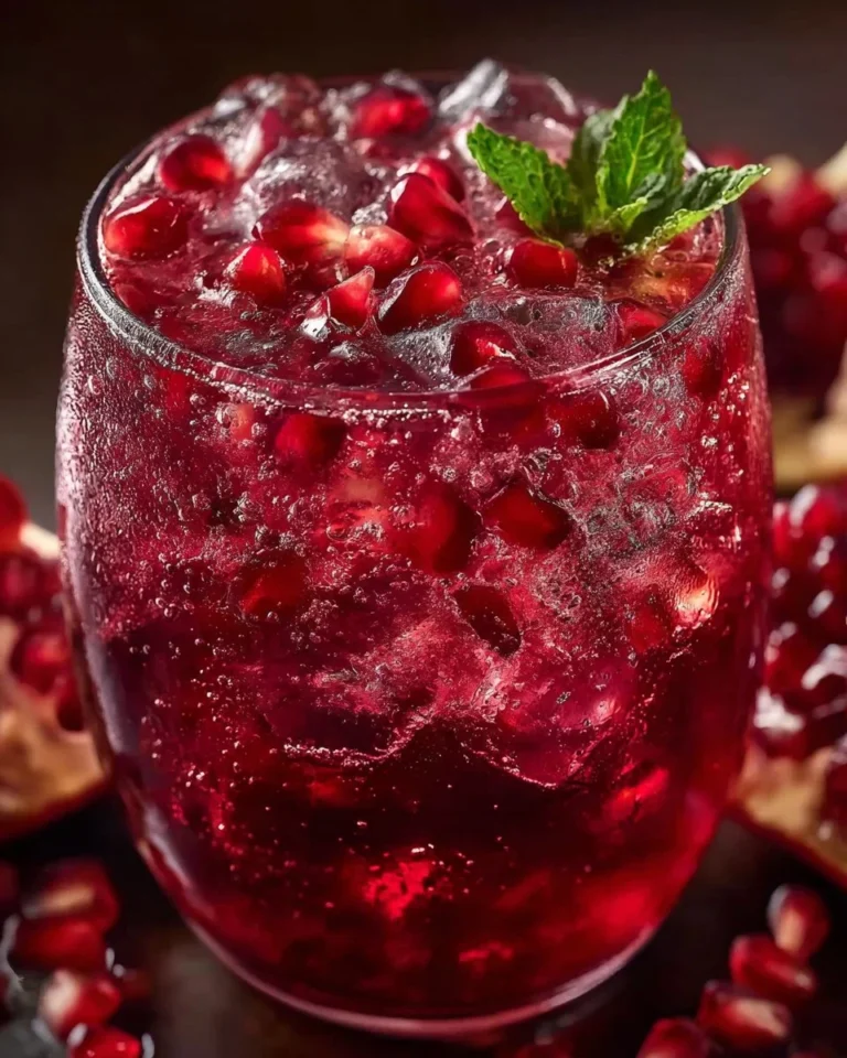Pomegranate Ginger Spritz mocktail in a glass with pomegranate seeds and ginger slices