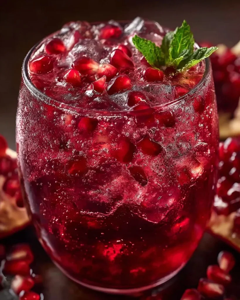 Pomegranate Ginger Spritz mocktail in a glass with pomegranate seeds and ginger slices
