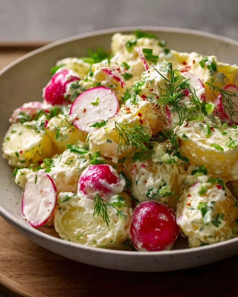 Delicious potato salad mixed with fresh radishes for a crunchy texture