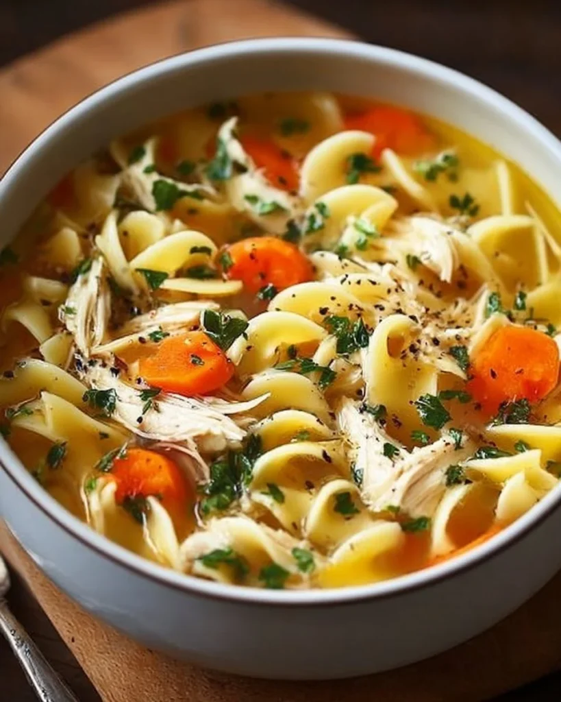 Bowl of quick and easy chicken noodle soup with fresh ingredients