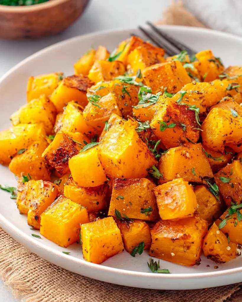 Delicious roasted butternut squash served in a bowl with herbs