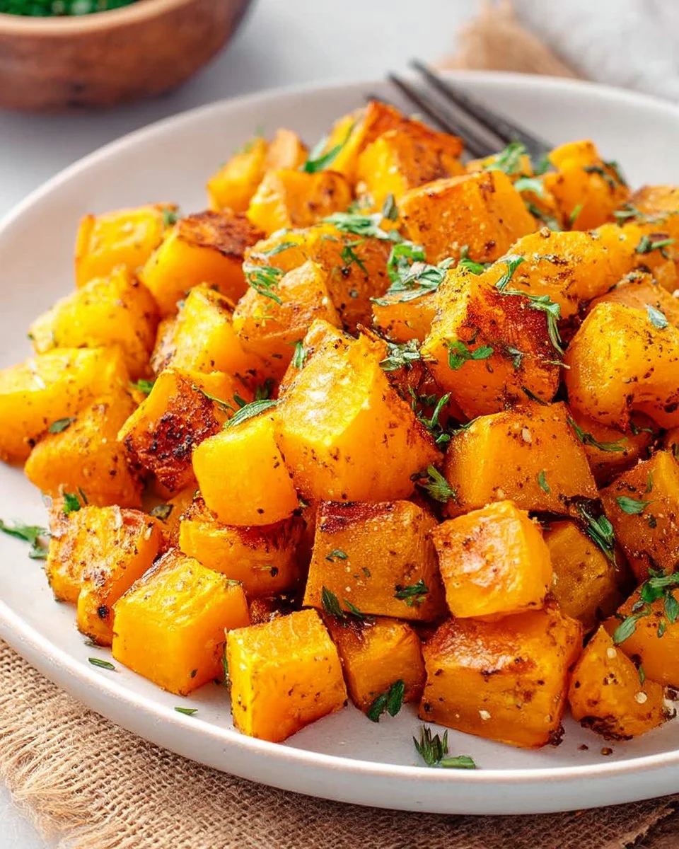 Delicious roasted butternut squash served in a bowl with herbs