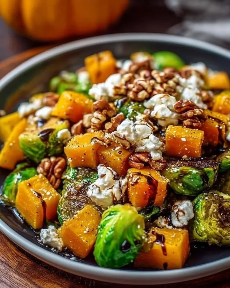 Roasted butternut squash and Brussels sprouts salad served in a bowl.