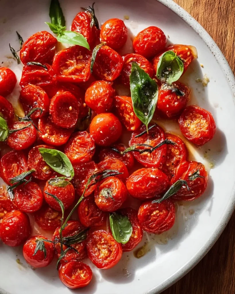 Dish of roasted cherry tomatoes garnished with herbs and spices